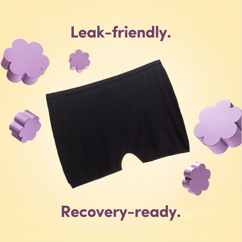 Black disposable postpartum briefs on a yellow background with purple text saying 'Leak-friendly. Recovery-ready' and flower graphics.