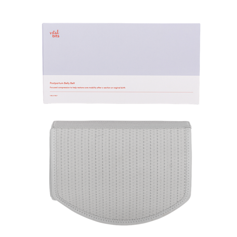 Grey abdominal support binder with its branded box labelled 'vital bits' 