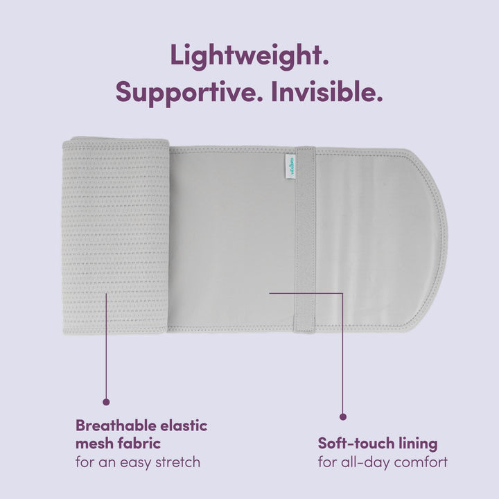 Grey abdominal support binder with text highlighting features on a light purple background