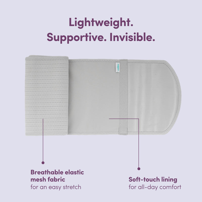 Grey abdominal support binder with text highlighting features on a light purple background
