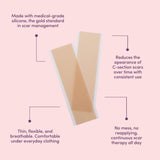 Silicone scar management patch on a pink background with text about its benefits.