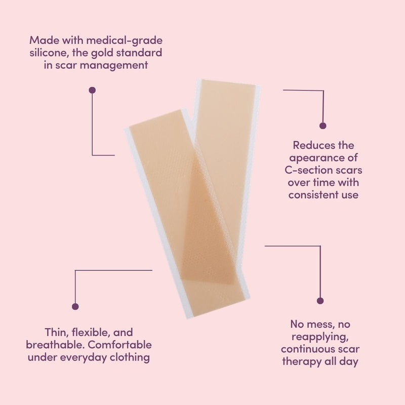 Silicone scar management patch on a pink background with text about its benefits.