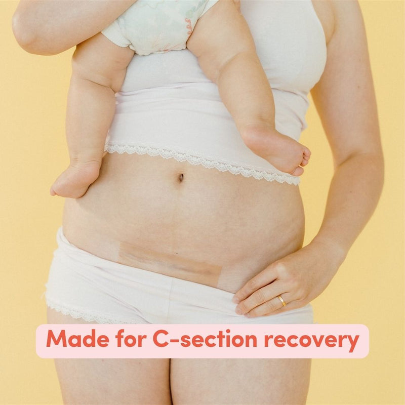 Female wearing white underwear and underwear set applying a c-section scar patch with text saying'Made for C-section recovery' on a yellow background.