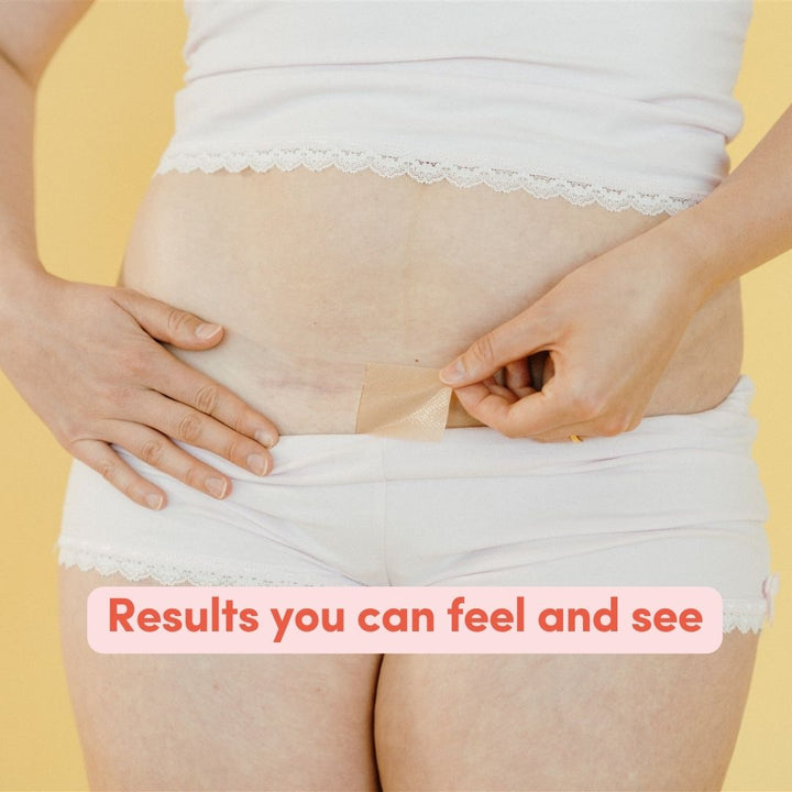 Female wearing white underwear applying a c-section scar patch with text overlay saying 'Results you can feel and see' on a yellow background