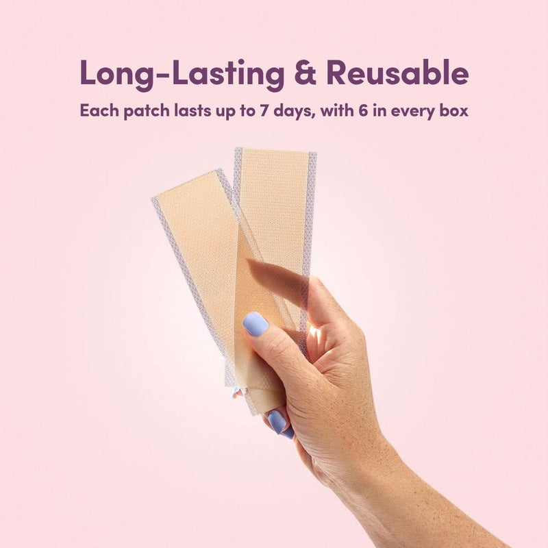 Female hand holding a c-section scar patch with text about long-lasting and reusable patches on a pink background