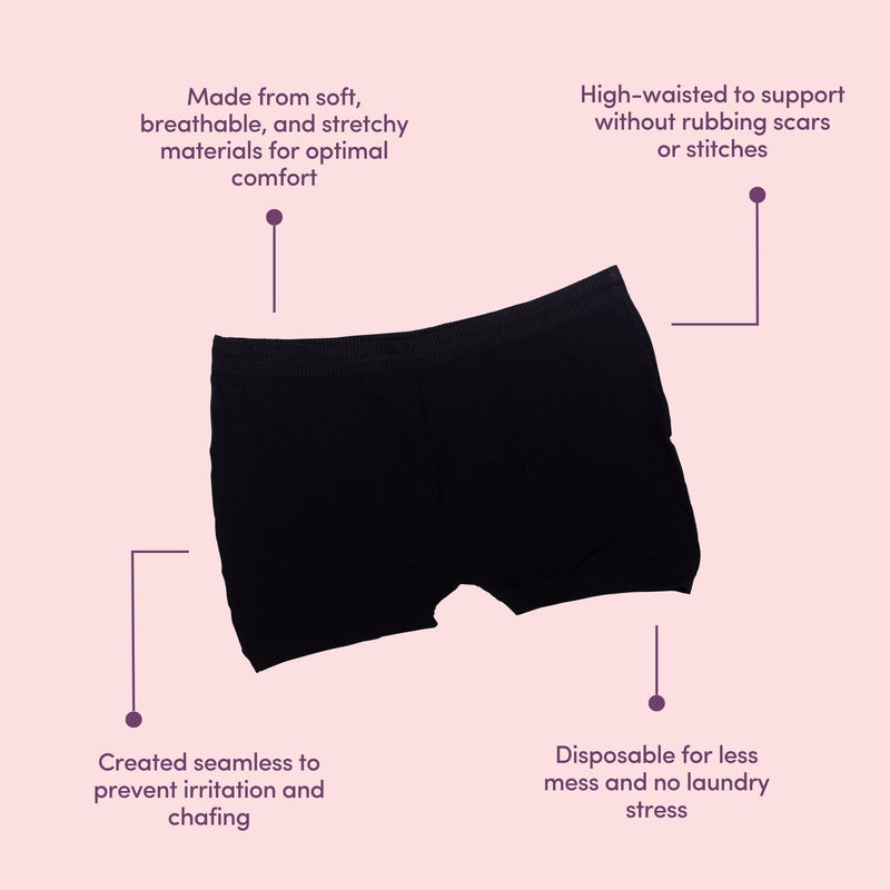 Black disposable postpartum briefs on a pink background with text about its features