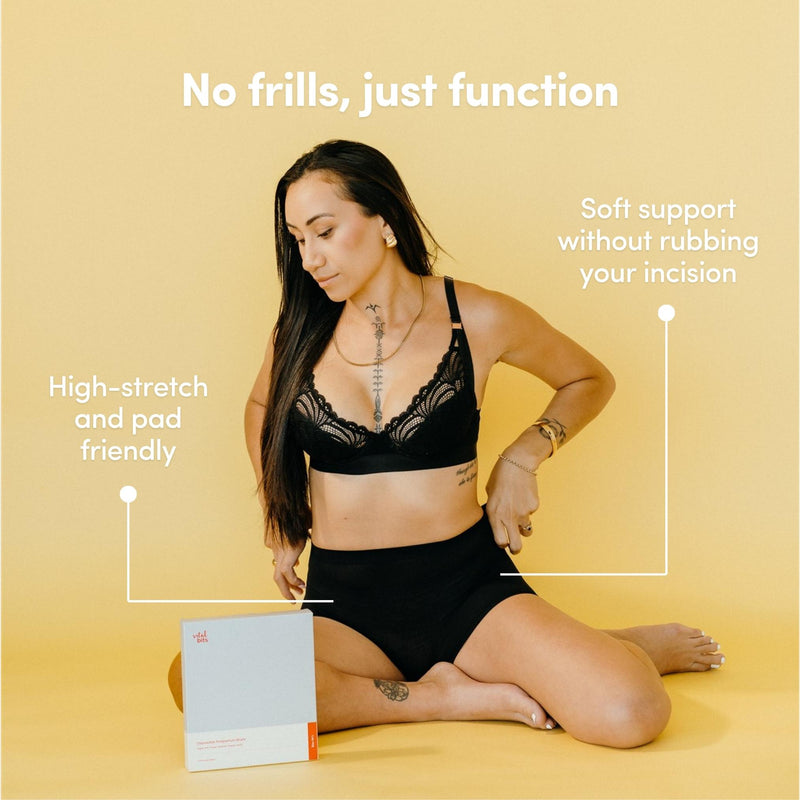 A woman wearing black disposable postpartum brief  with text highlighting product features on a yellow background