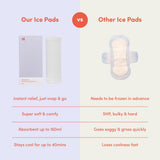 Comparison chart of 'Vital Bits' Ice Maxi Pads' versus 'Other Ice Pads' with text and images on a light purple background.