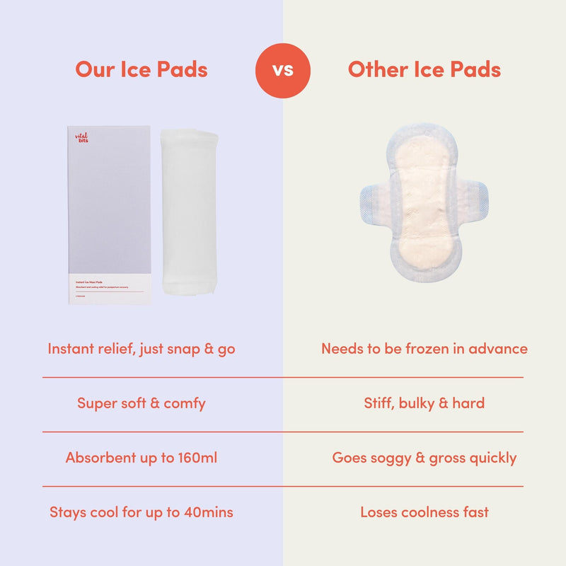 Comparison chart of 'Vital Bits' Ice Maxi Pads' versus 'Other Ice Pads' with text and images on a light purple background.