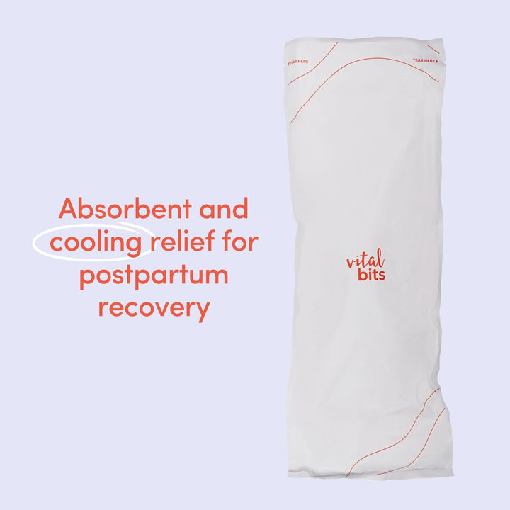 Vital Bits' instant ice maxi pad with text about absorbent and cooling relief for postpartum recovery on a light blue background.