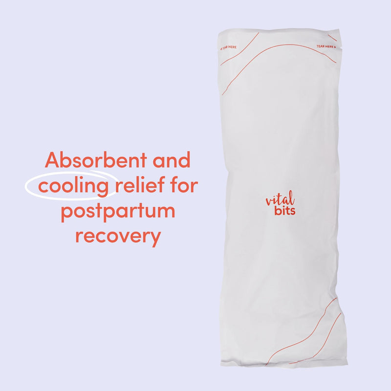Vital Bits' instant ice maxi pad with text about absorbent and cooling relief for postpartum recovery on a light blue background.