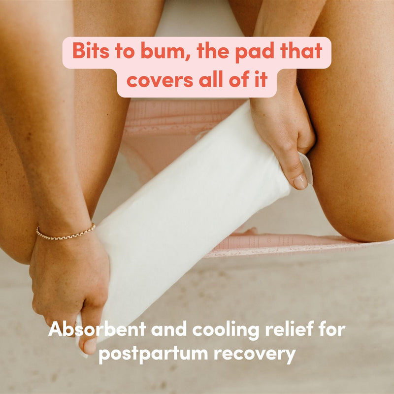 A woman holding an instant ice maxipad with text about absorbent and cooling relief for postpartum recovery.
