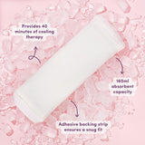 White instant ice maxi pad on a pink textured background with text highlighting features