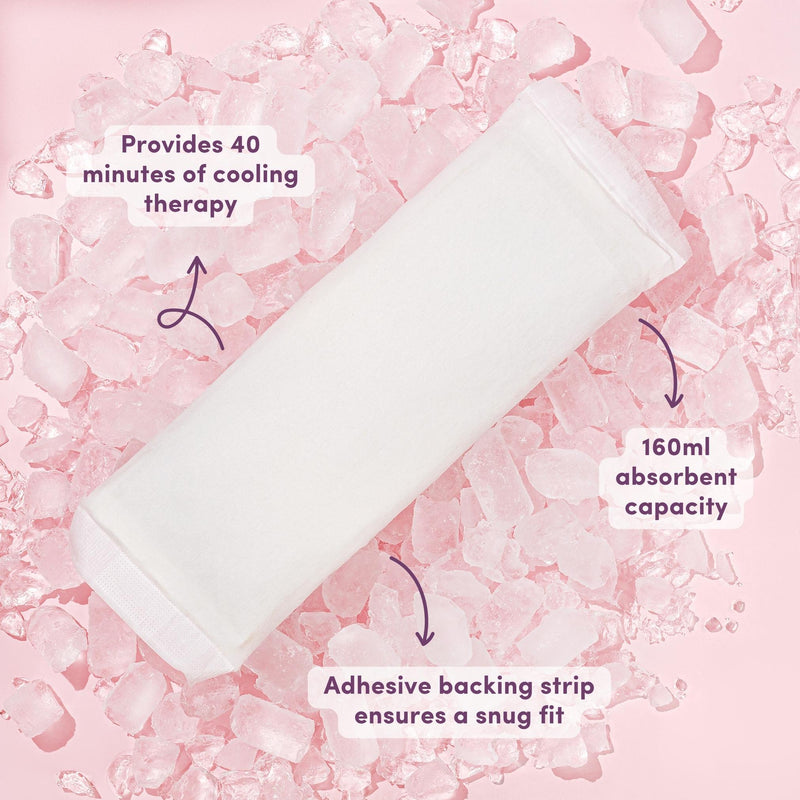 White instant ice maxi pad on a pink textured background with text highlighting features