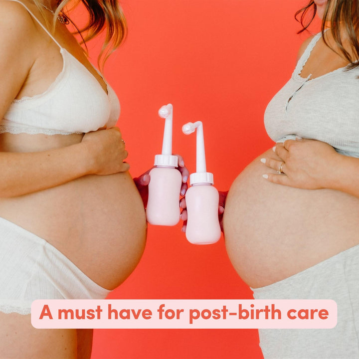 Two pregnant women holding peri bottles with a red background and text 'A must have for post-birth care'.