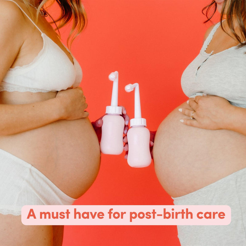 Two pregnant women holding peri bottles with a red background and text 'A must have for post-birth care'.