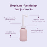 A peri bottle, overlayed with text describing it's key benefits, on a purple background