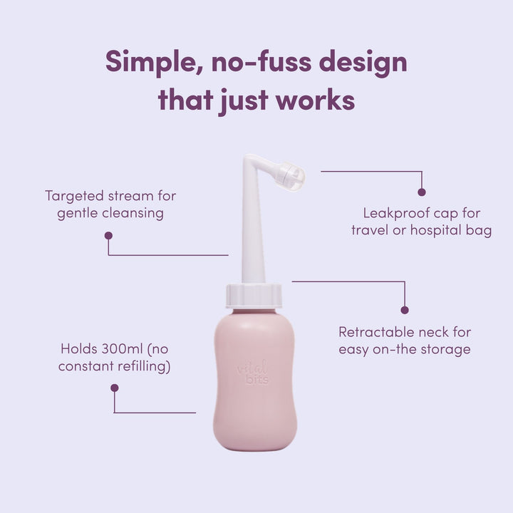 A peri bottle, overlayed with text describing it's key benefits, on a purple background