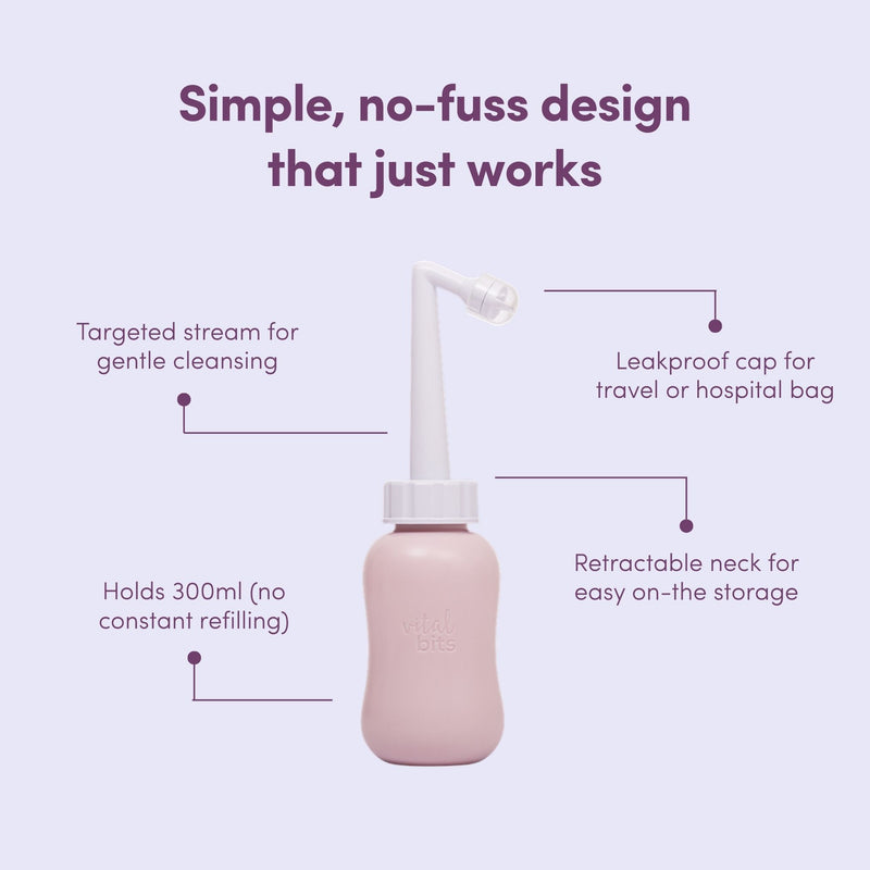 A peri bottle, overlayed with text describing it's key benefits, on a purple background