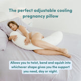 Woman lying on a bed with an adjustable cooling pregnancy pillow with text overlay saying 'The perfect adjustable cooling pregnancy pillow' and 'Allows you to twist, bend and squish into whichever shape gives you the support you need, day or night.'