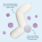 White pregnancy pillow with text about soft fabric and micro-bead filling on a light blue background.