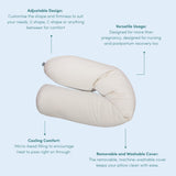 Adjustable pregnancy pillow with text describing its features on a light blue background