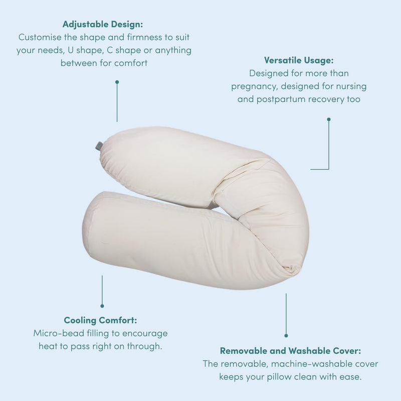 Adjustable pregnancy pillow with text describing its features on a light blue background