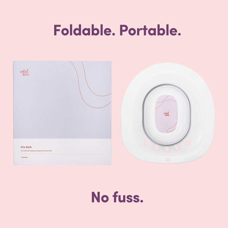 A Vital Bits Sitz Bath with its packaging on a pink background