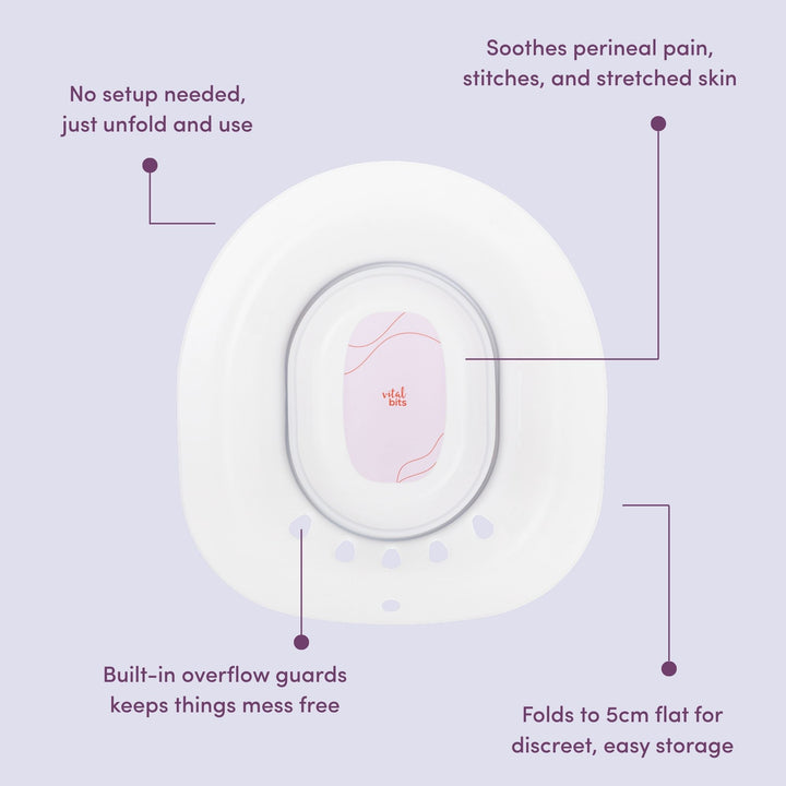 A Vital Bits Sitz Bath with text highlighting features on a purple background