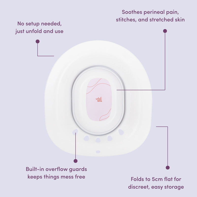 A Vital Bits Sitz Bath with text highlighting features on a purple background